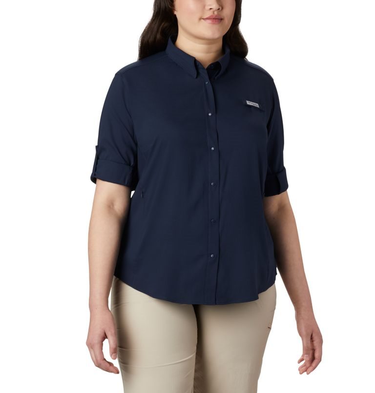 Women's Columbia PFG Tamiami II Long Sleeve Shirts Navy | Plus Size CA-V5C18